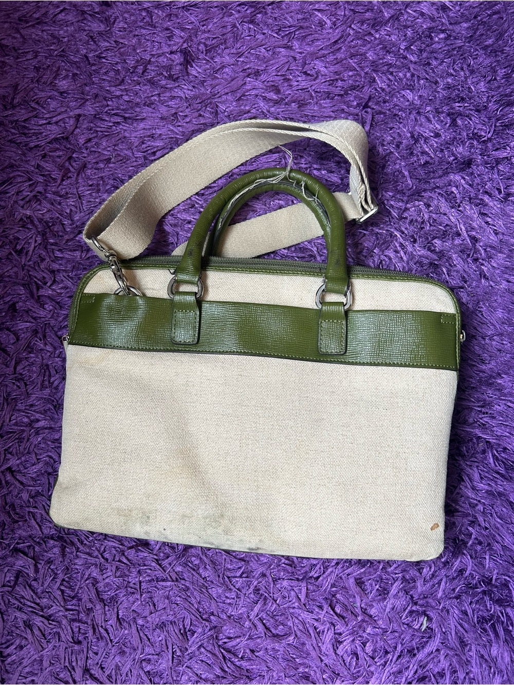 Canvas and Olive Green Leather Briefcase Laptop Bag